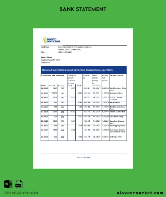 Costa Rica Banco Nacional Banka Hesap Özeti excel
