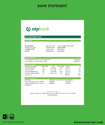 Hırvatistan OTP Banka Hesap Özeti excel
