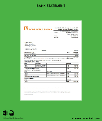 Hırvatistan Podravska Banka Hesap Özeti excel