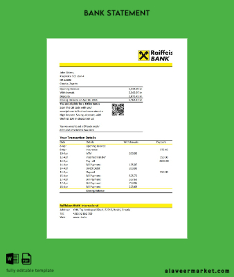 Hırvatistan Raiffeisen Banka Hesap Özeti excel
