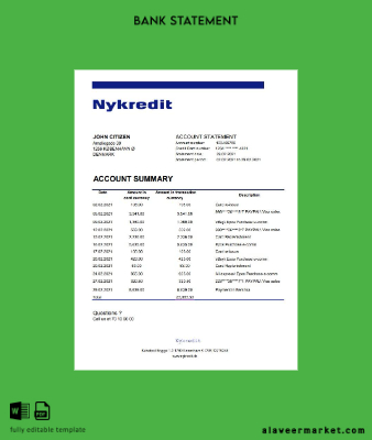 Danimarka Nykredit Banka Hesap Özeti excel