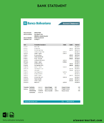 Ekvador Banco Bolivariano Banka Hesap Özeti excel