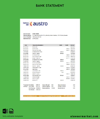 Ekvador Banco del Austro Banka Hesap Özeti excel