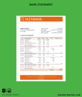 Mısır Alex Banka Hesap Özeti excel
