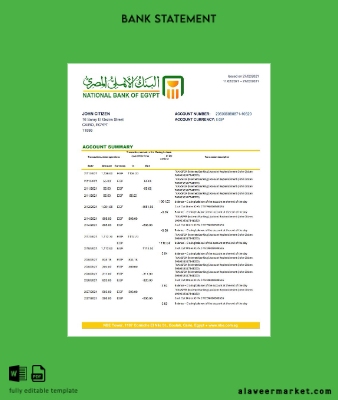 Mısır National Banka of Mısır Banka Hesap Özeti excel