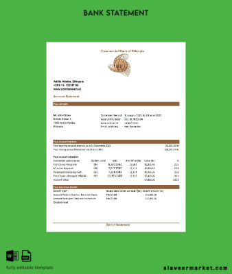 Etiyopya Commercial Banka Hesap Özeti excel