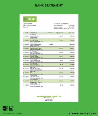 Fiji Banka of South Pacific Banka Hesap Özeti excel