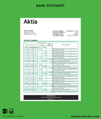 Finlandiya Aktia Banka Hesap Özeti excel