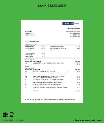 Finlandiya Danske Banka Hesap Özeti excel