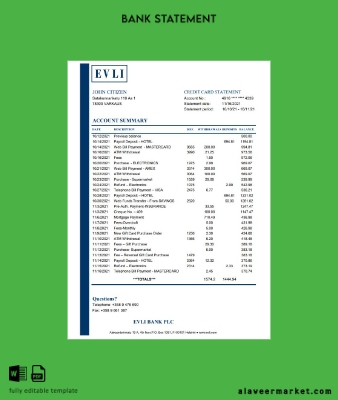 Finlandiya Evli Banka PLC Banka Hesap Özeti excel