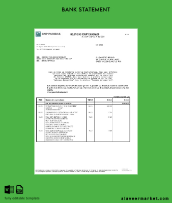Fransa BNP Paribas Banka Hesap Özeti Excel and PDF Şablon