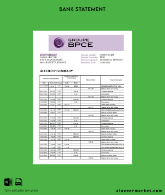 Fransa Groupe BPCE Banka Hesap Özeti excel