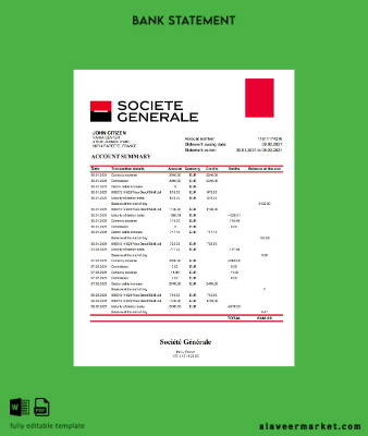 Fransa Société Générale Banka Hesap Özeti excel