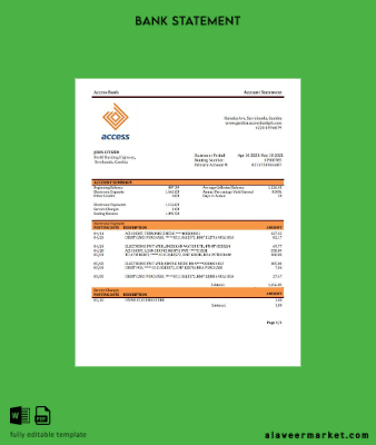 Gambia Access Banka Hesap Özeti Şablon Word and PDF format