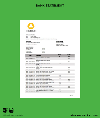 Almanya Banka Banka Hesap Özeti Şablon Word and PDF format