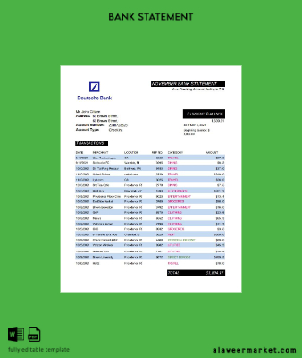 Almanya Deutsche Banka Hesap Özeti easy to fill Şablon in Excel and PDF format