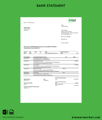 Almanya Fyrst Banka Hesap Özeti Word and PDF Şablon