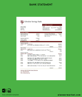 Gibraltar Savings Banka Hesap Özeti word
