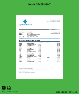 Grenada Republic Banka Hesap Özeti excel