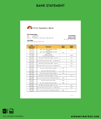 Hawaii First Hawaiian Banka Hesap Özeti excel version 2