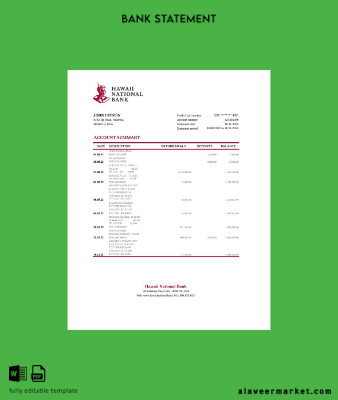 Hawaii National Banka Hesap Özeti excel