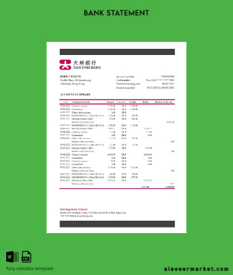 Hong Kong DAH Sing Banka Hesap Özeti excel