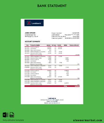 İzlanda Banka Banka Hesap Özeti excel