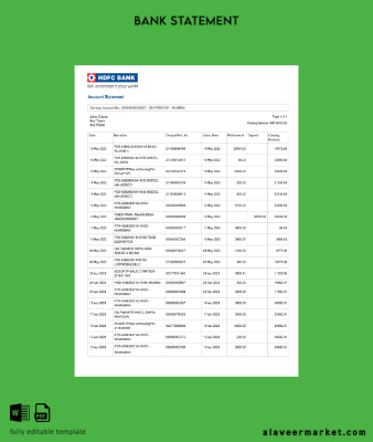Hindistan HDFC Banka Hesap Özeti word