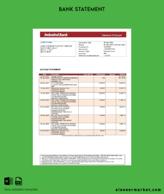 Hindistan IndusInd Banka Hesap Özeti excel