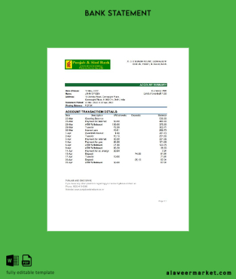 Hindistan Punjab and Sind Banka Hesap Özeti excel