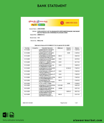 Hindistan Union Banka of Hindistan Hesap Özeti of account word