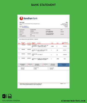 Hindistan Bandhan Banka account Hesap Özeti word