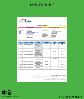 Hindistan Equitas Small Finance Banka account Hesap Özeti word