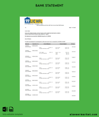 Hindistan LIC Housing Finance Hesap Özeti of account word