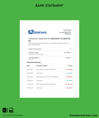 Hindistan MobiKwik transaction Hesap Özeti word