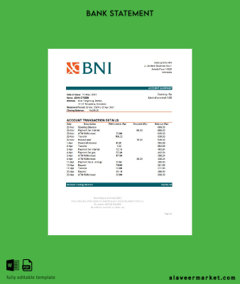 Endonezya Banka Negara Endonezya (BNI) Banka Hesap Özeti excel