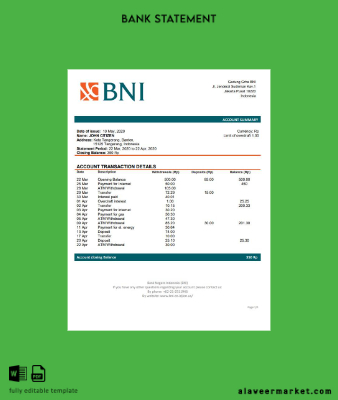 Endonezya Banka Negara Endonezya (BNI) Banka Hesap Özeti word