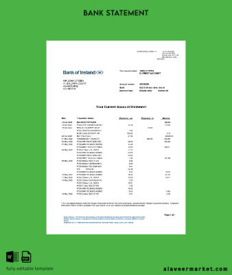 İrlanda Banka of İrlanda Banka Hesap Özeti word 2 pages
