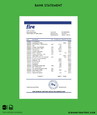 İrlanda Fire Financial Services Limited Banka Hesap Özeti excel