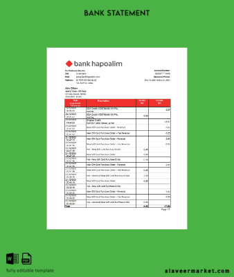 İsrail Banka Hapoalim Banka Hesap Özeti excel