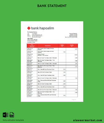 İsrail Banka Hapoalim Banka Hesap Özeti word