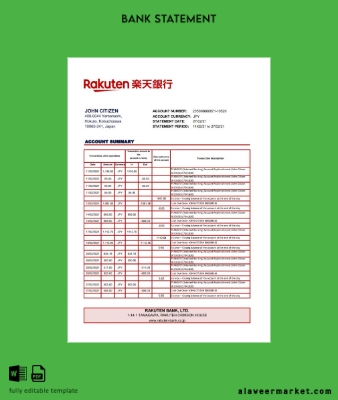 Japonya Rakuten Banka Hesap Özeti excel