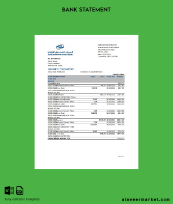 Ürdün Commercial Banka JCB Banka Hesap Özeti excel