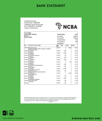 Kenya NCBA Banka Hesap Özeti of account word