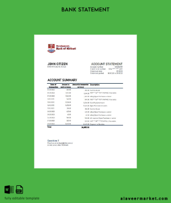 Kiribati Development Banka of Kiribati Banka Hesap Özeti excel