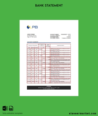 Letonya LPB Banka Hesap Özeti excel