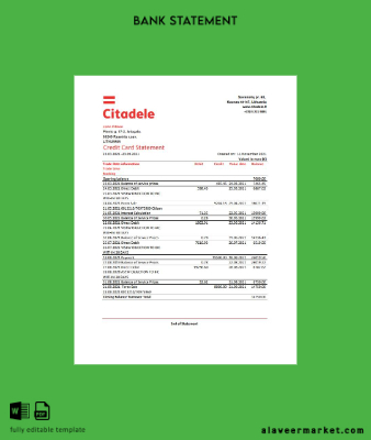 Litvanya (Litva) Citadele Banka Kredi Kart Hesap Özeti excel