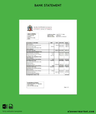 Malta Central Banka of Malta Banka Hesap Özeti excel