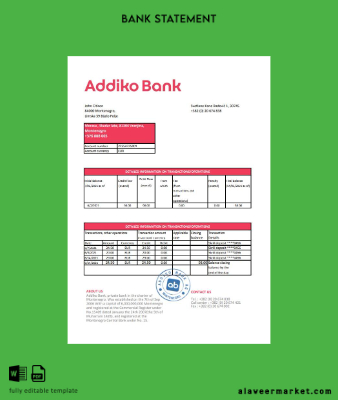 Montenegro Addiko Banka Hesap Özeti excel