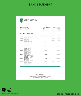 Hollanda ABN AMRO Banka Hesap Özeti excel